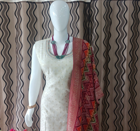 Straight Cut 3-Piece Suit with Dupatta and Detachable Sleeves