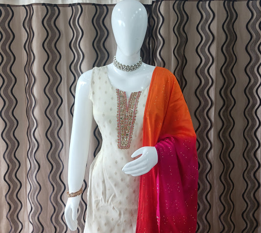 Straight Cut 3-Piece Suit with Dupatta and Detachable Sleeves