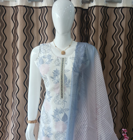 traight Cut 3-Piece Suit with Dupatta and Detachable Sleeves