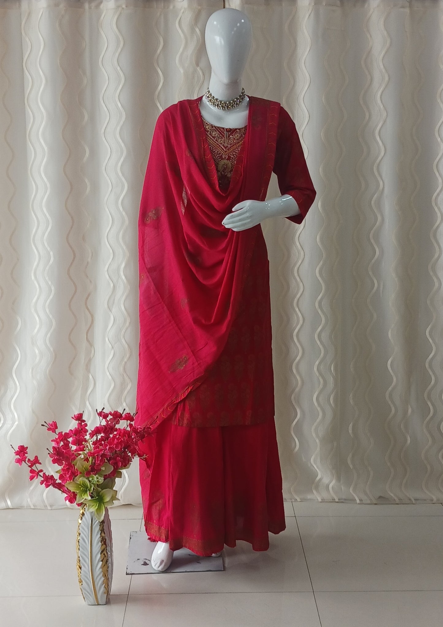 Straight Cut Red palazo pant 3-piece suit with Dupatta and attached sleeves.