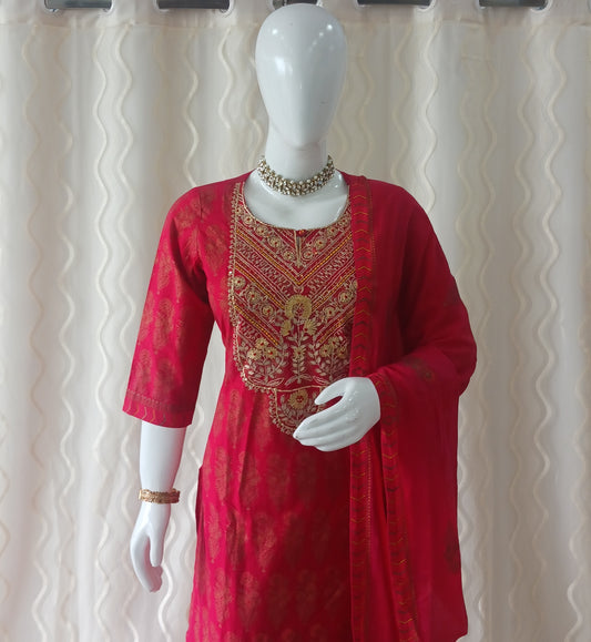 Straight Cut Red palazo pant 3-piece suit with Dupatta and attached sleeves.