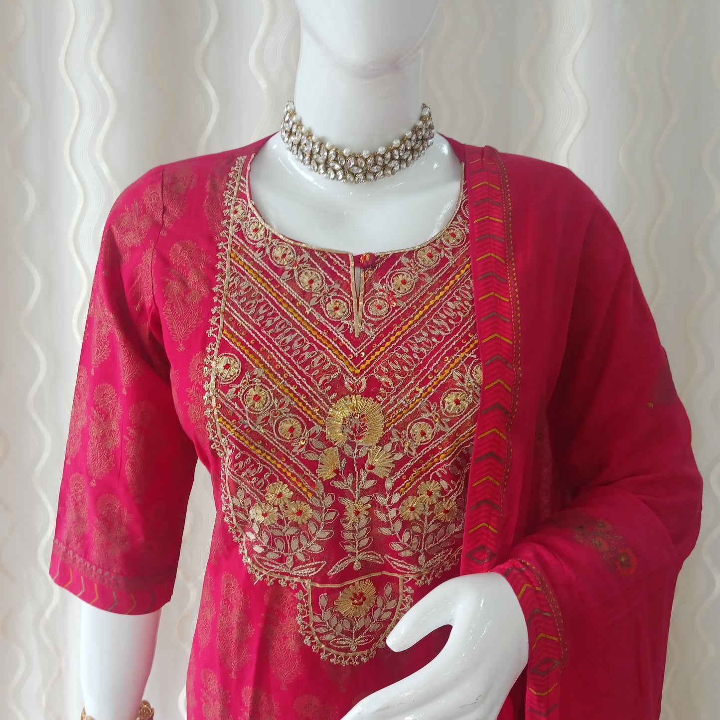 Straight Cut Red palazo pant 3-piece suit with Dupatta and attached sleeves.