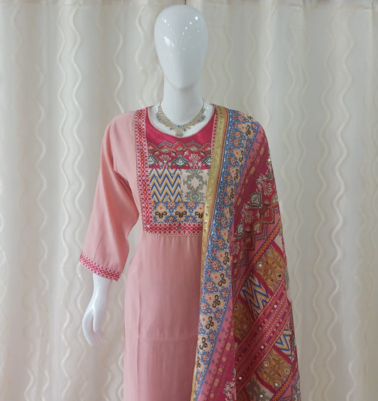 Straight Cut Palazo Pant 3-Piece Suit with Mirror Work Dupatta and 3/4 Sleeves