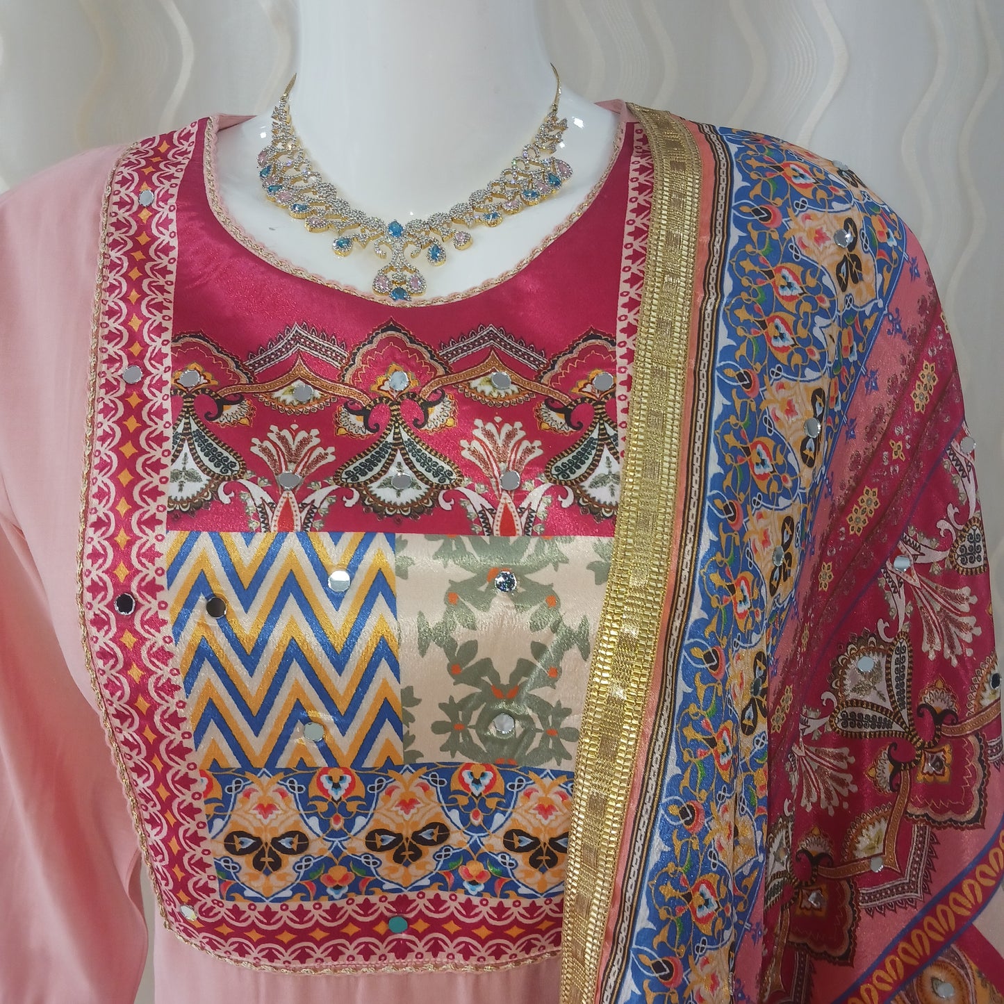 Straight Cut Palazo Pant 3-Piece Suit with Mirror Work Dupatta and 3/4 Sleeves