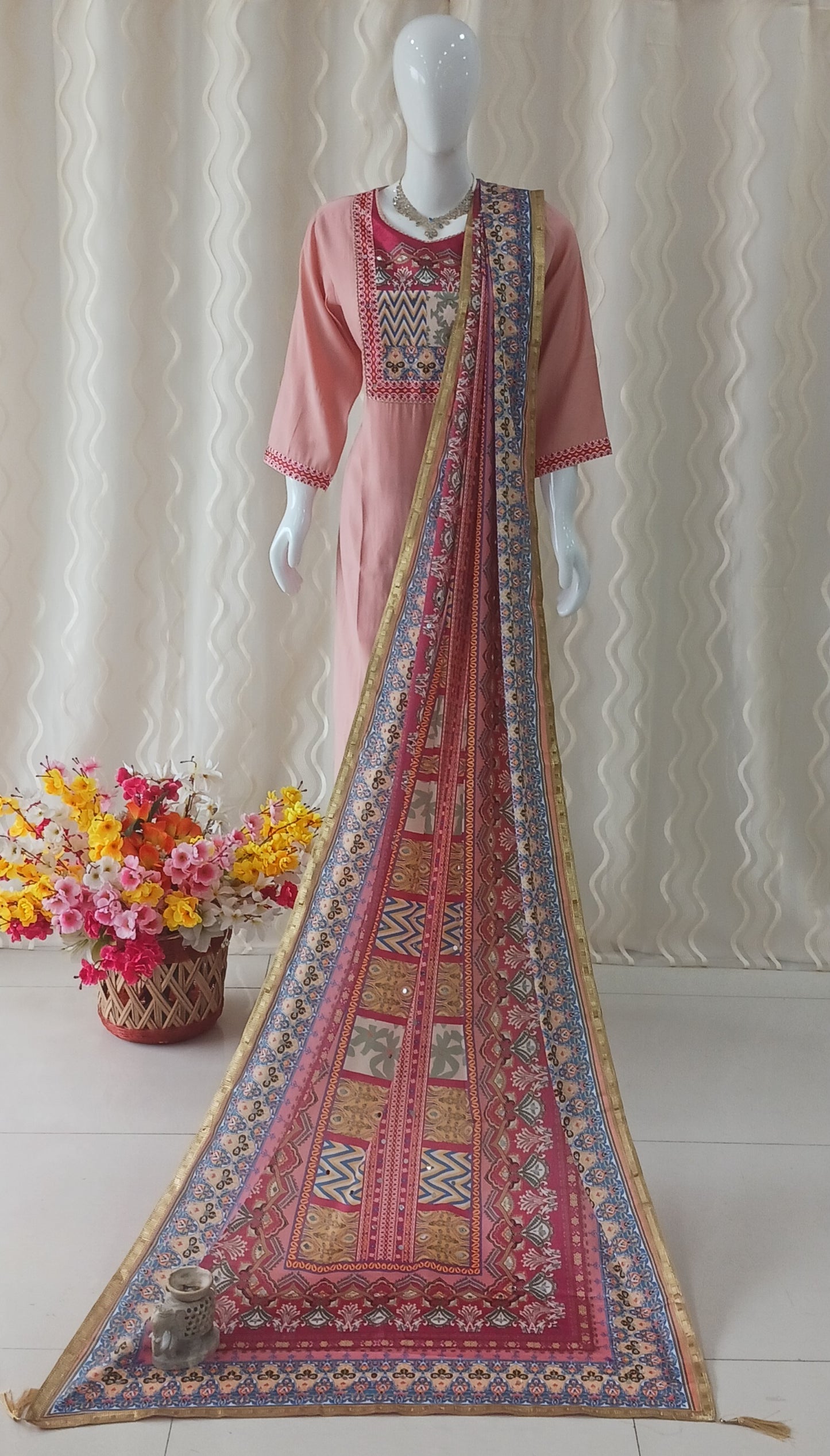 Straight Cut Palazo Pant 3-Piece Suit with Mirror Work Dupatta and 3/4 Sleeves