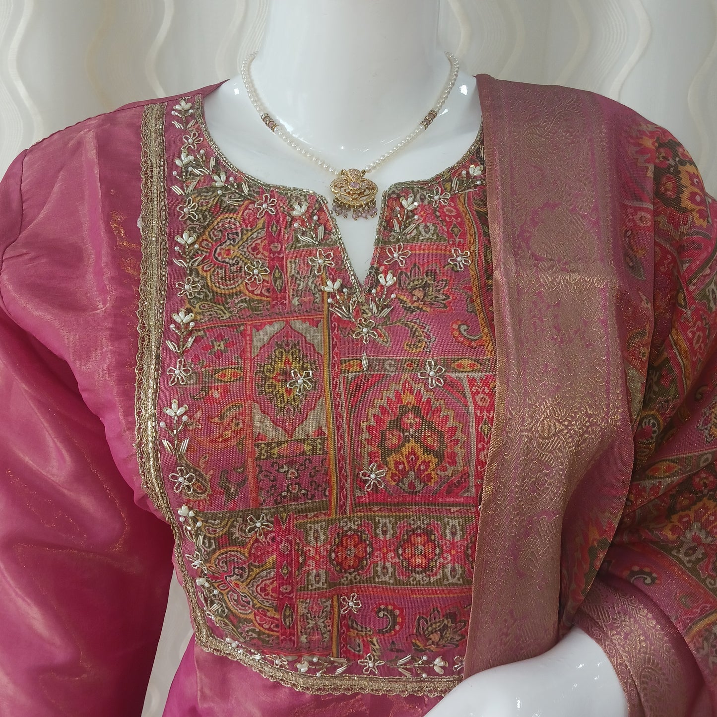 Straight Cut 3-Piece Suit with Work Dupatta and 3/4 Sleeves