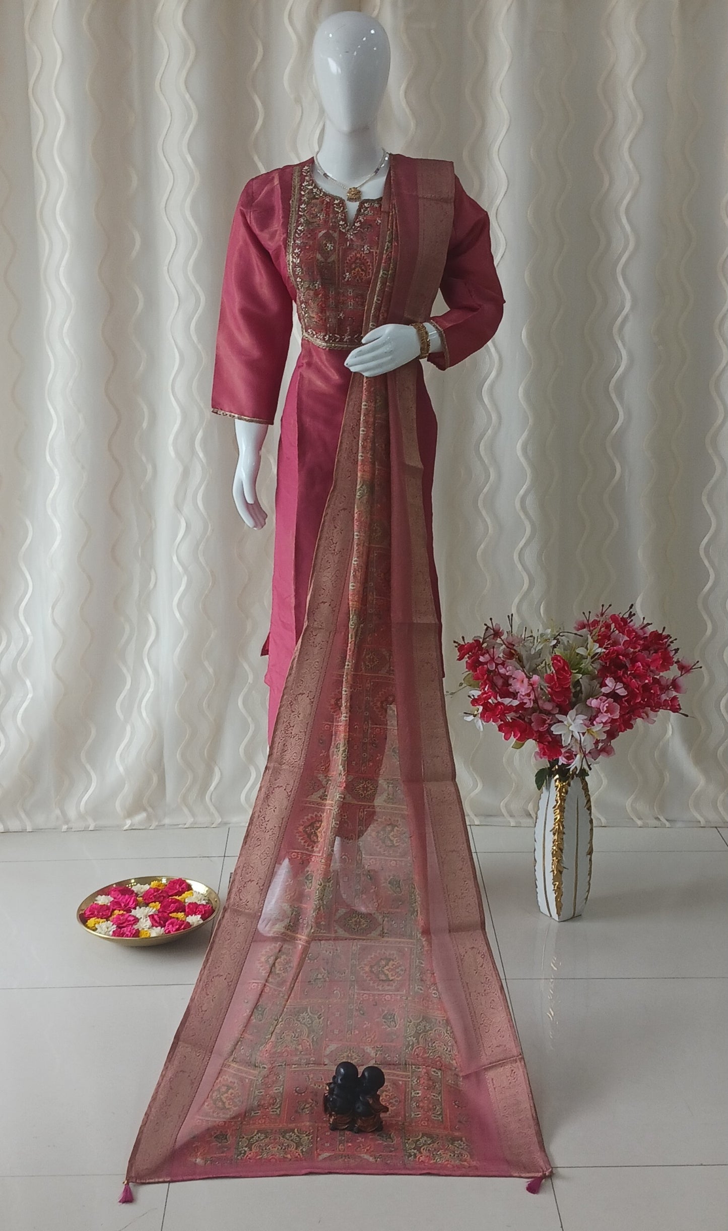 Straight Cut 3-Piece Suit with Work Dupatta and 3/4 Sleeves