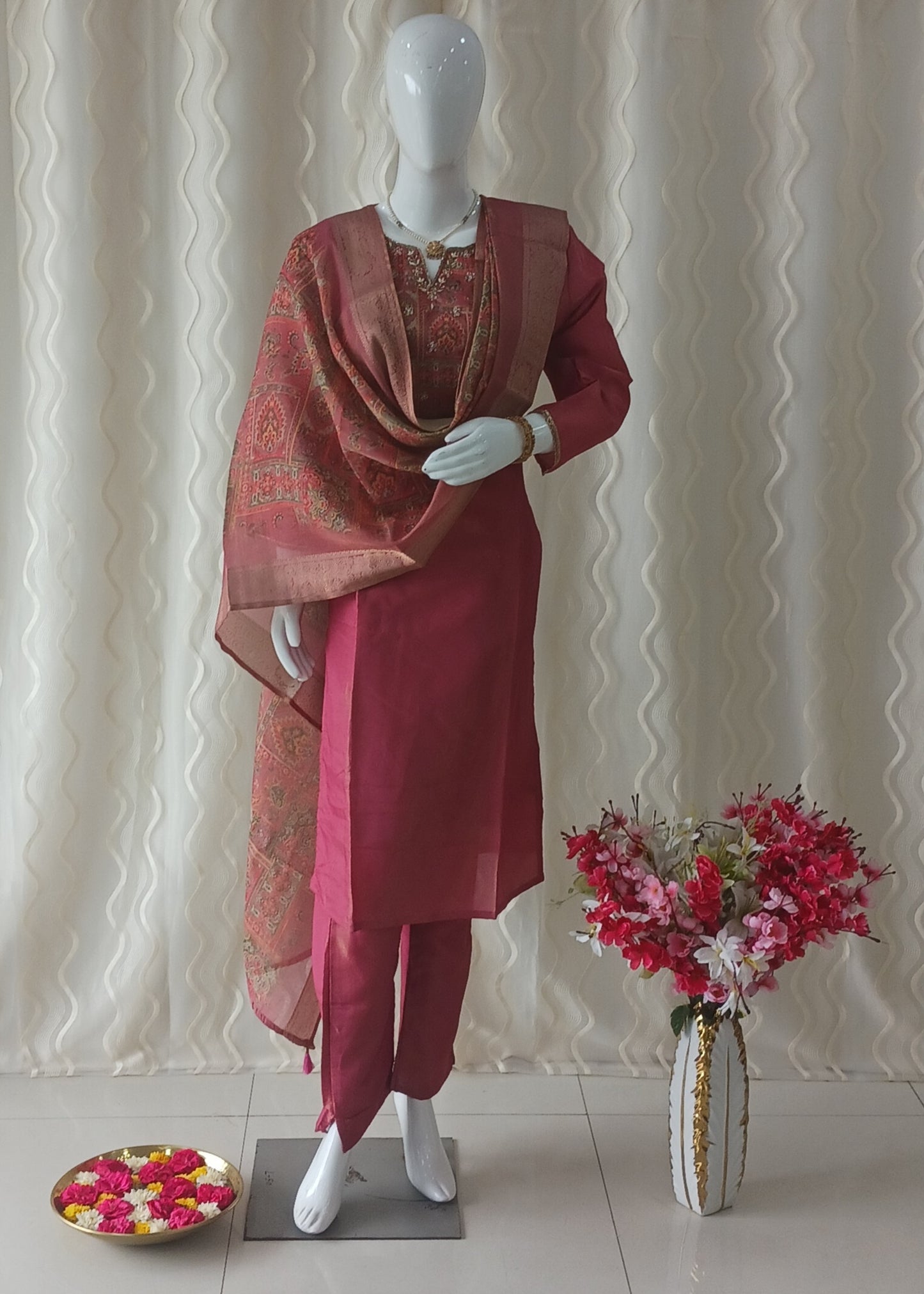Straight Cut 3-Piece Suit with Work Dupatta and 3/4 Sleeves