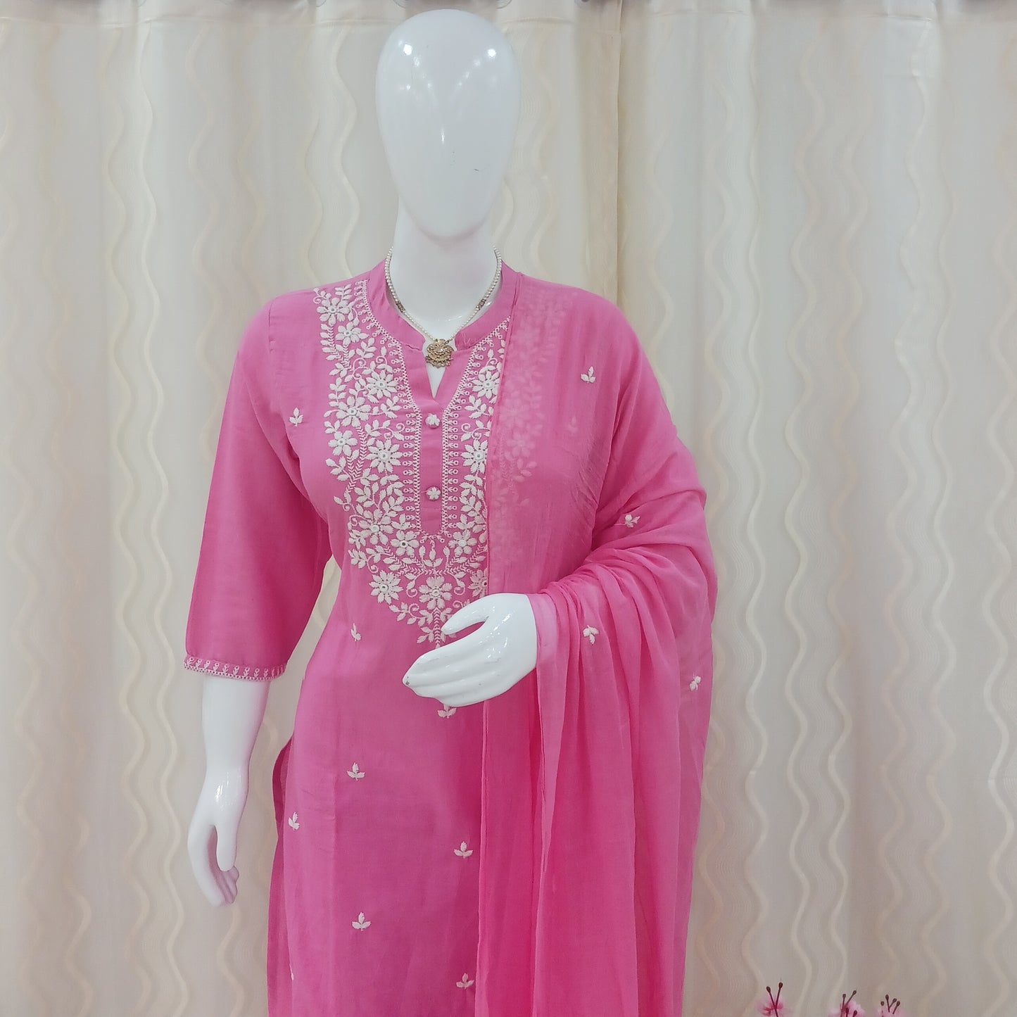 Straight Cut 3-Piece Suit with Work Dupatta and 3/4 Sleeves
