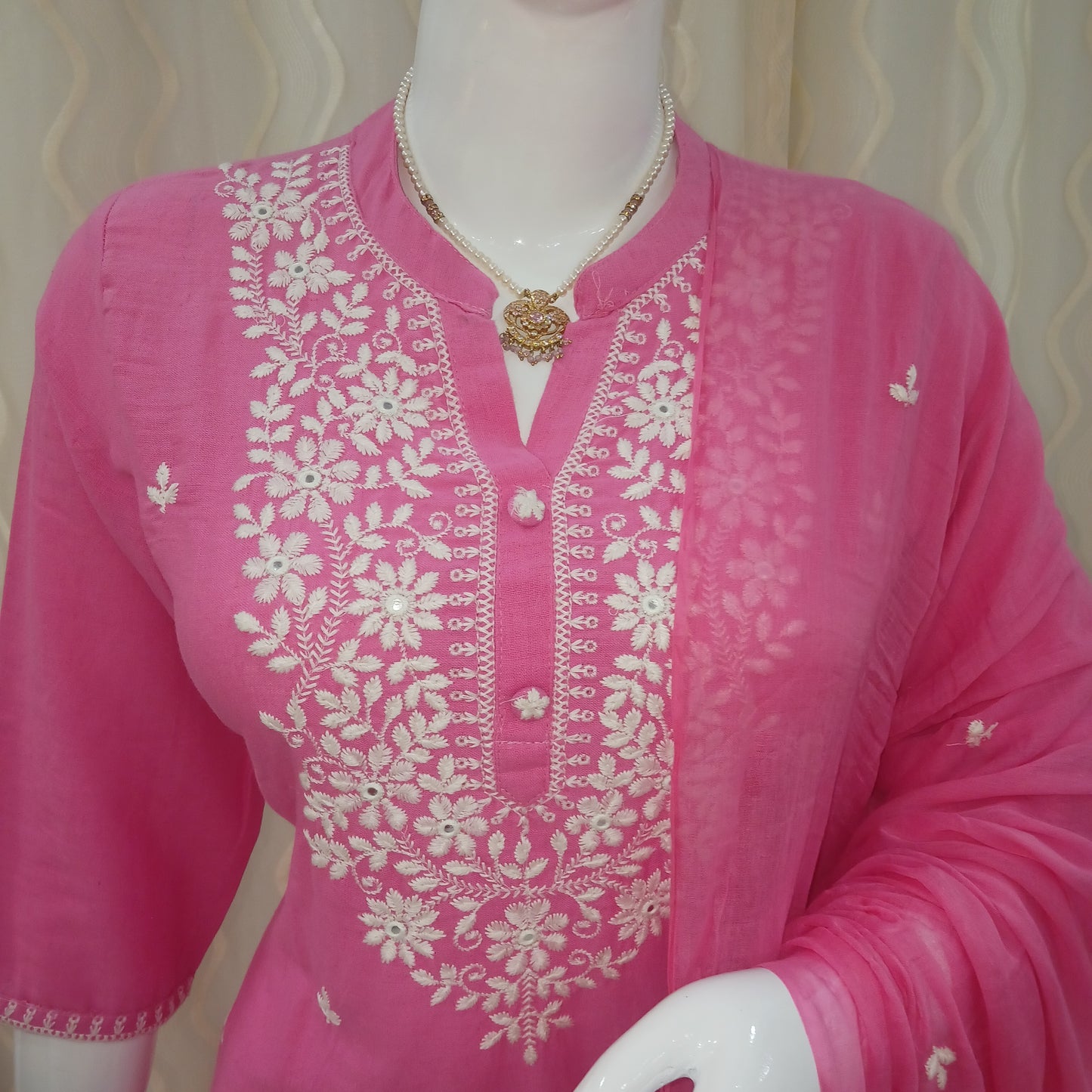 Straight Cut 3-Piece Suit with Work Dupatta and 3/4 Sleeves