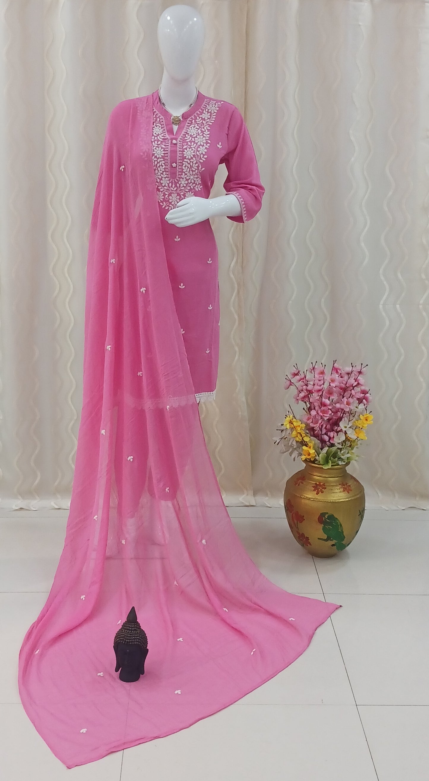 Straight Cut 3-Piece Suit with Work Dupatta and 3/4 Sleeves