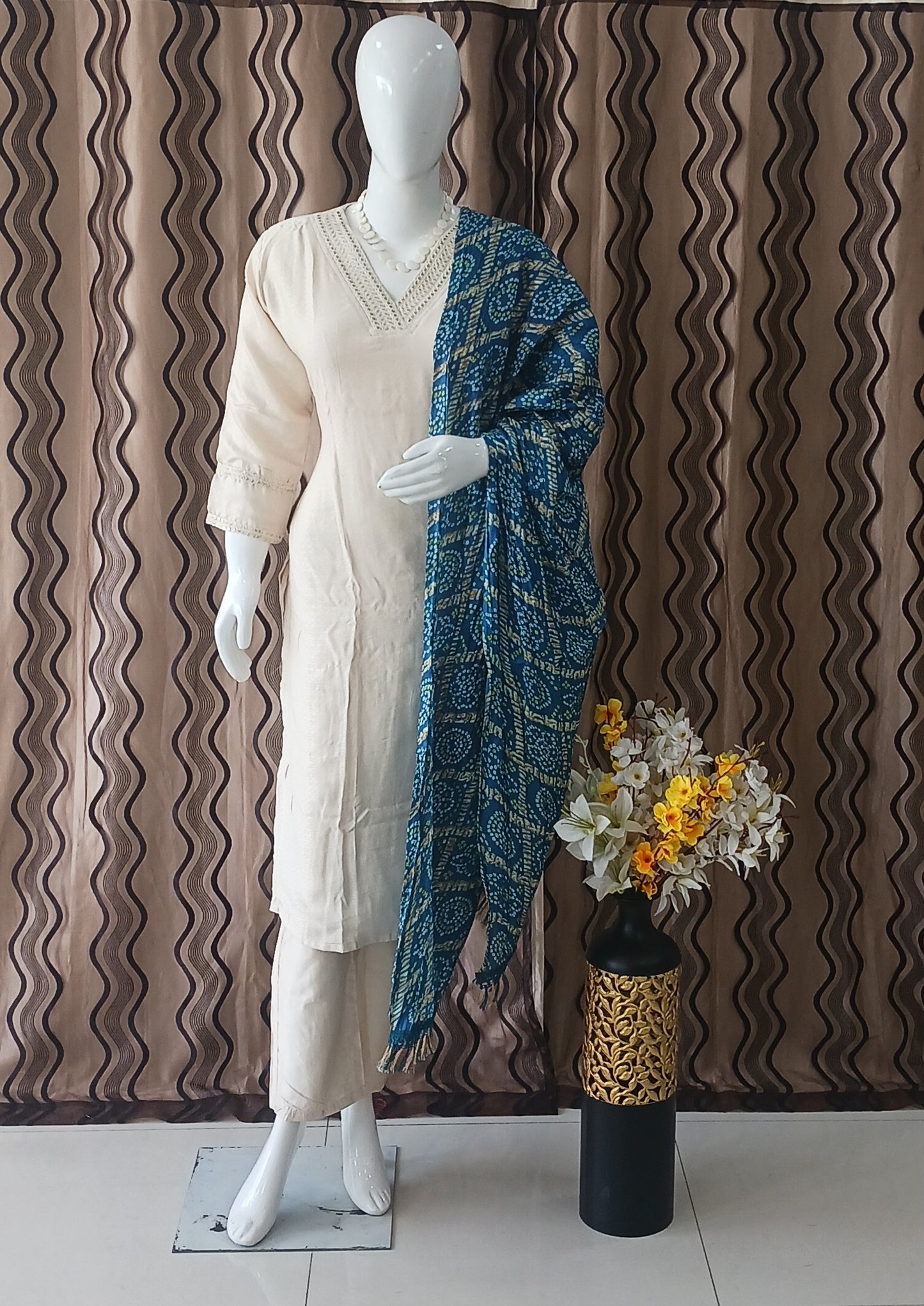 Straight Cut 3-Piece Suit with Work Bandhani Dupatta and 3/4 Sleeves