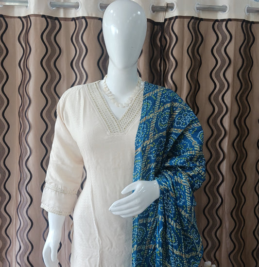 Straight Cut 3-Piece Suit with Work Bandhani Dupatta and 3/4 Sleeves
