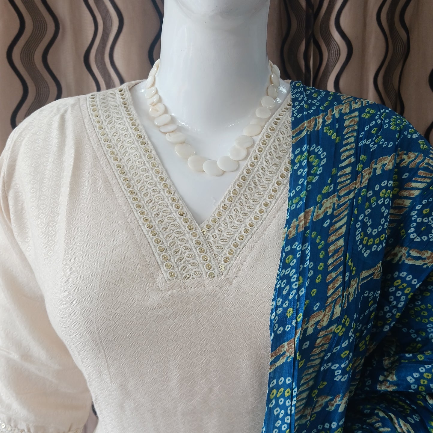 Straight Cut 3-Piece Suit with Work Bandhani Dupatta and 3/4 Sleeves