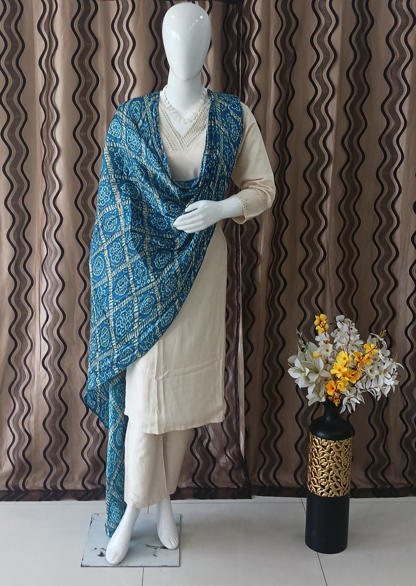 Straight Cut 3-Piece Suit with Work Bandhani Dupatta and 3/4 Sleeves