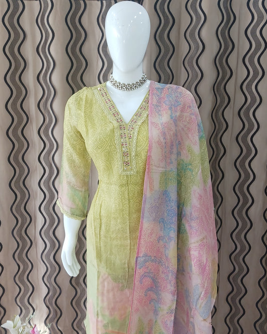 Straight Cut 3-Piece Suit with Work Bandhani Dupatta and 3/4 Sleeves