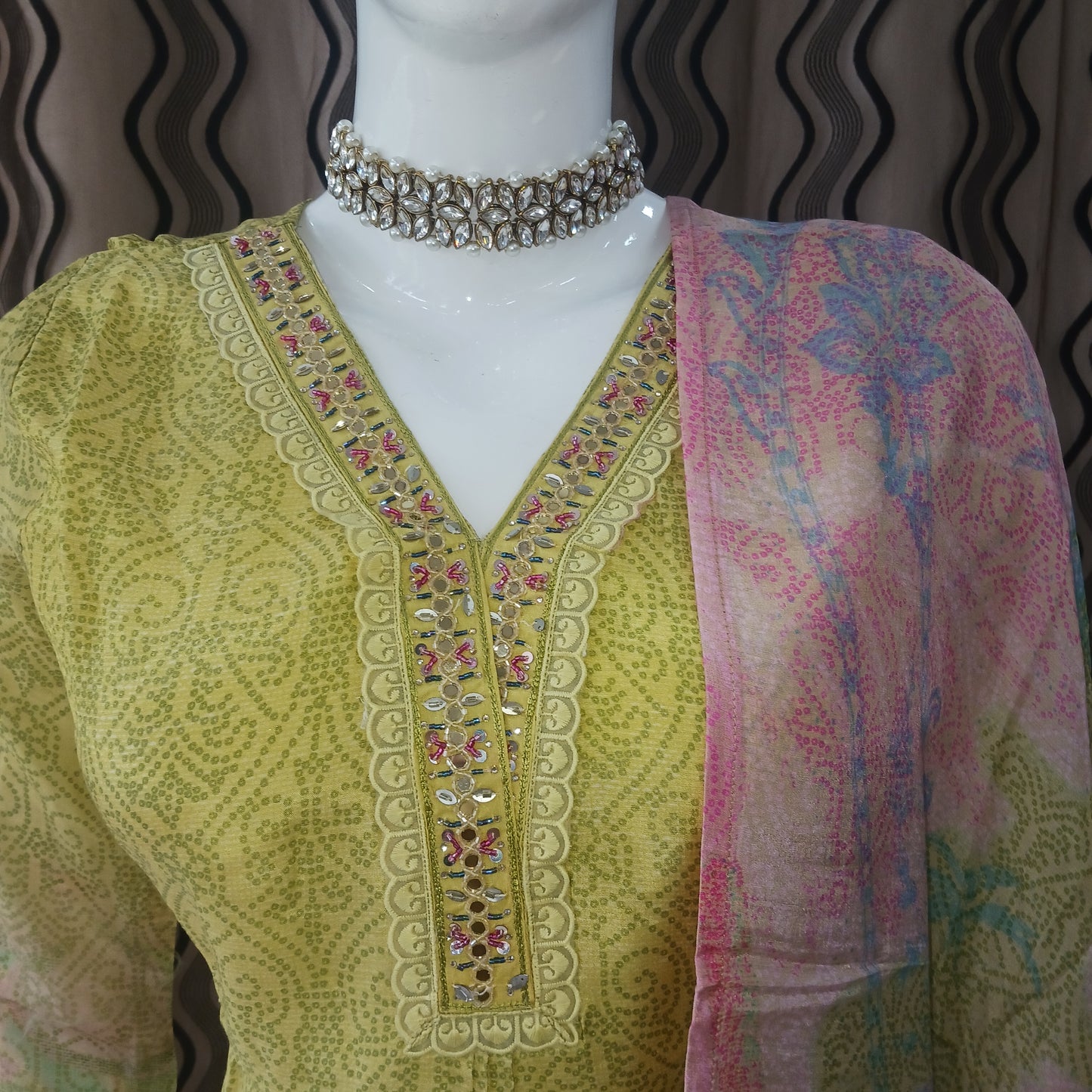Straight Cut 3-Piece Suit with Work Bandhani Dupatta and 3/4 Sleeves
