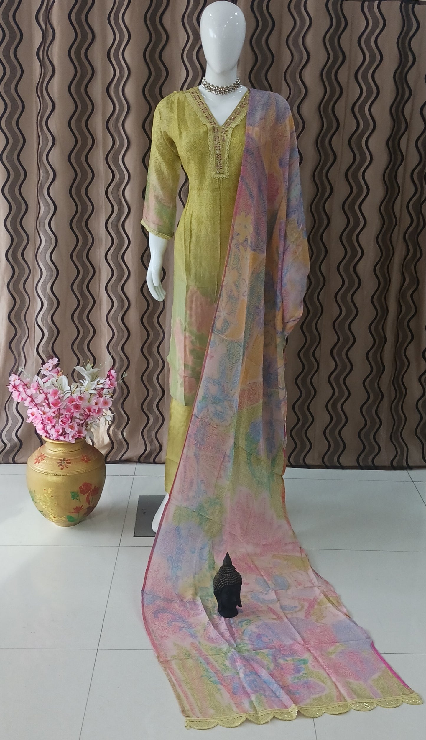 Straight Cut 3-Piece Suit with Work Bandhani Dupatta and 3/4 Sleeves