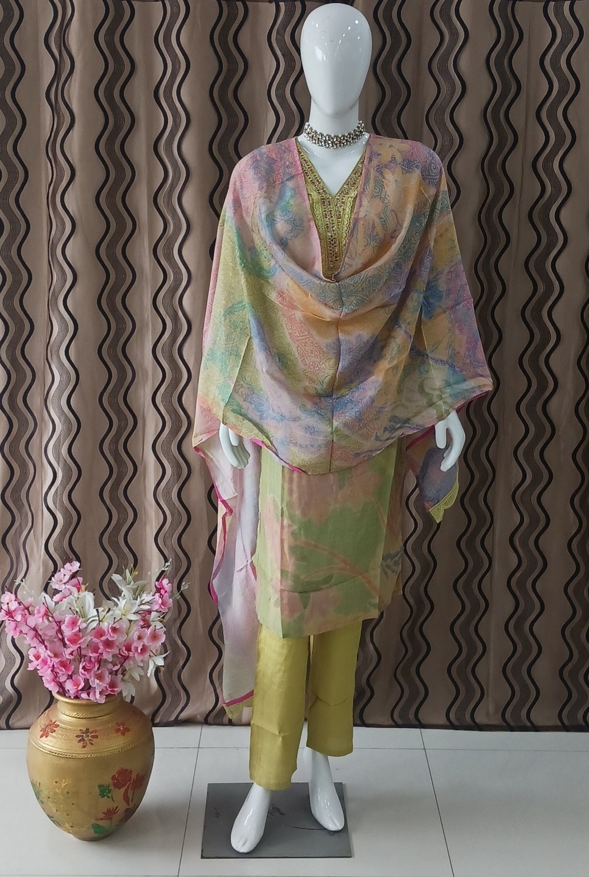 Straight Cut 3-Piece Suit with Work Bandhani Dupatta and 3/4 Sleeves