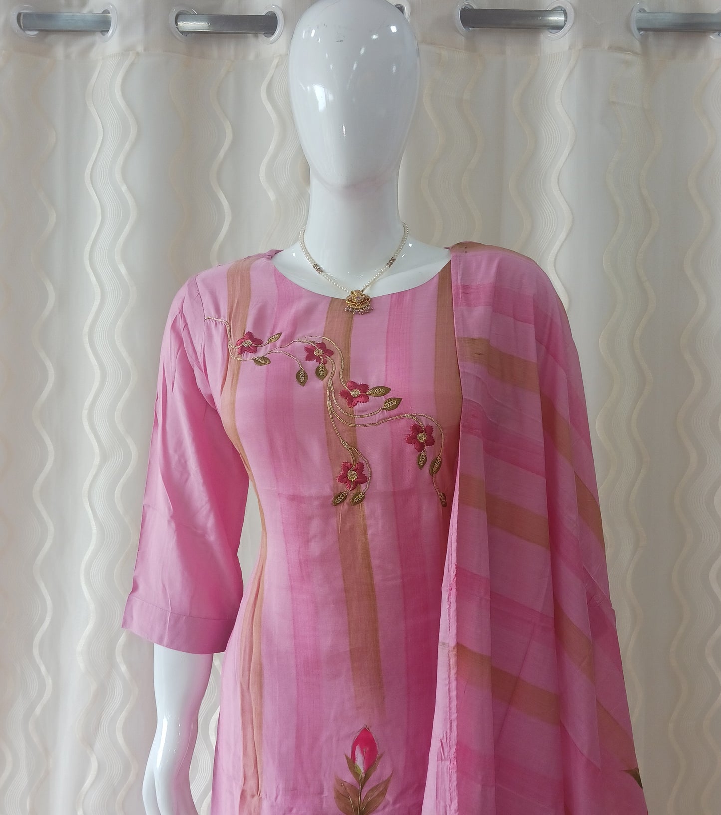 Straight Cut 3-Piece Suit with Work Dupatta and 3/4 Sleeves