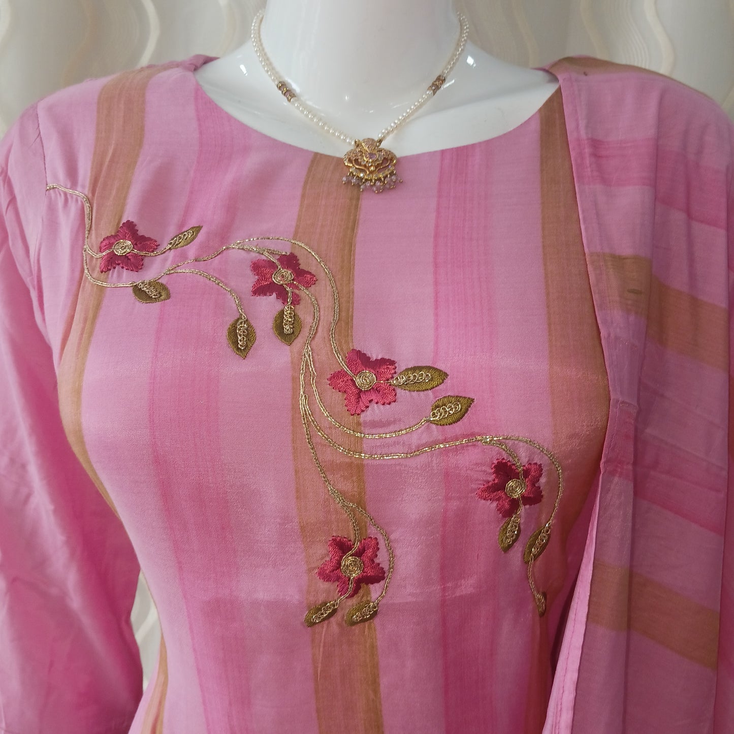 Straight Cut 3-Piece Suit with Work Dupatta and 3/4 Sleeves