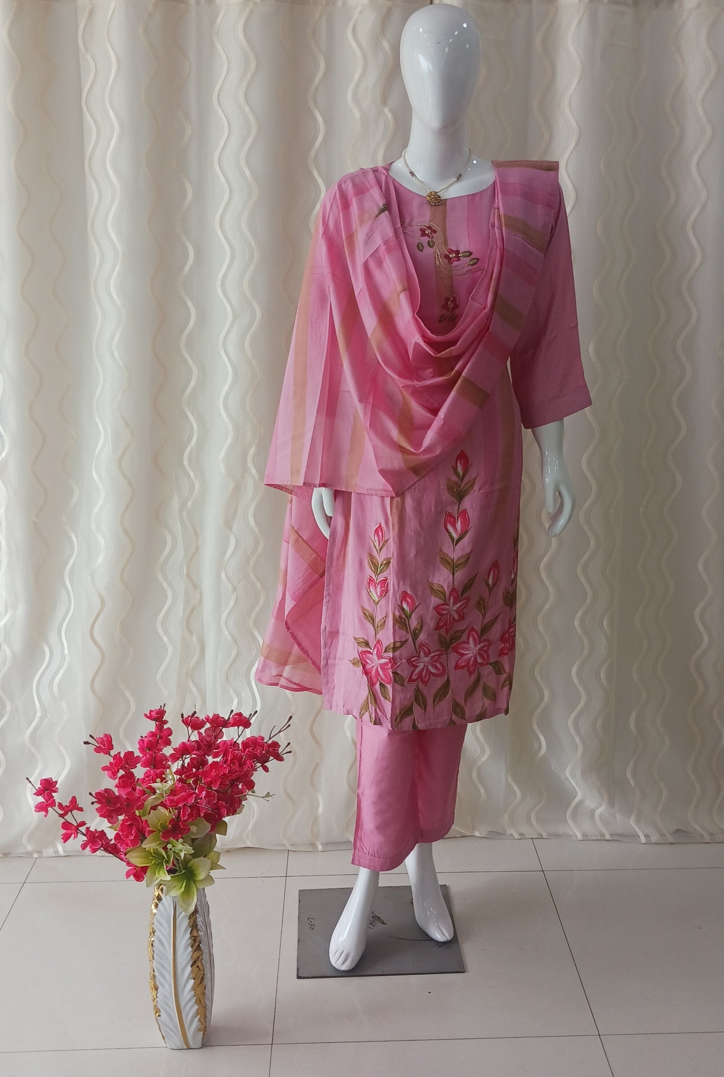 Straight Cut 3-Piece Suit with Work Dupatta and 3/4 Sleeves