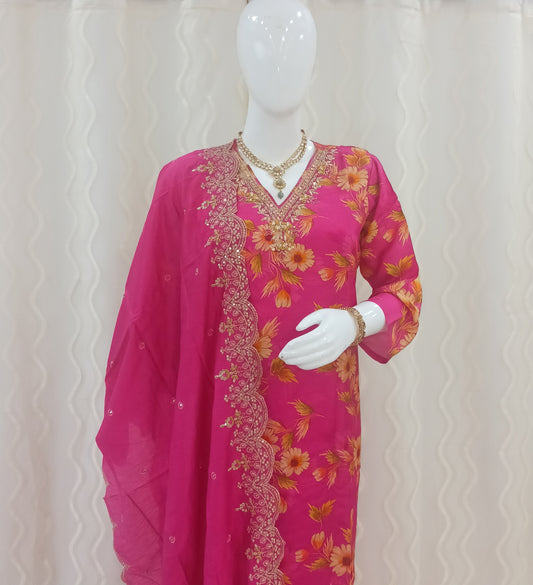 Straight Cut 3-Piece Suit with Work Bandhani Dupatta and 3/4 Sleeves