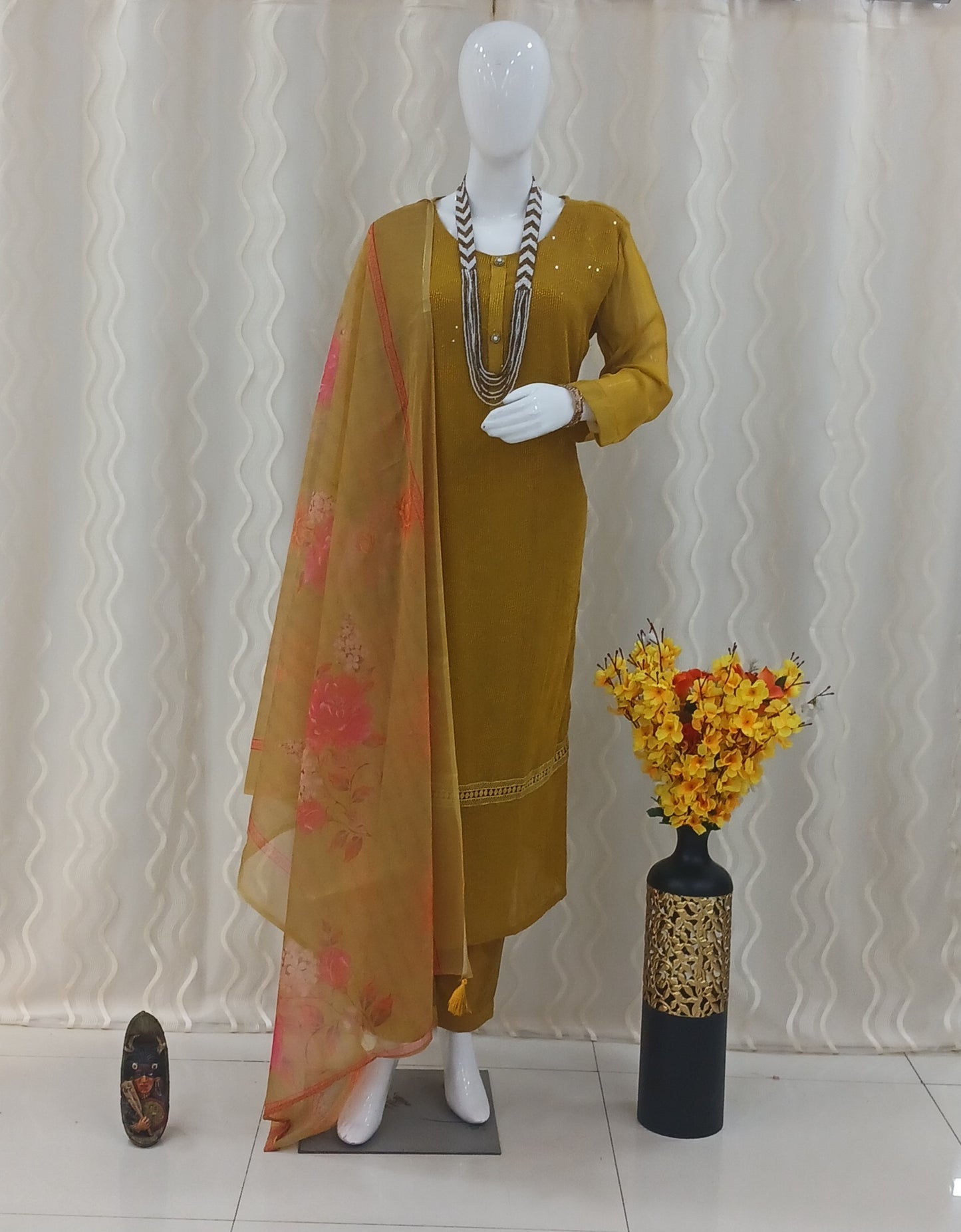 Straight Cut 3-Piece Suit with Work Dupatta and 3/4 Sleeves