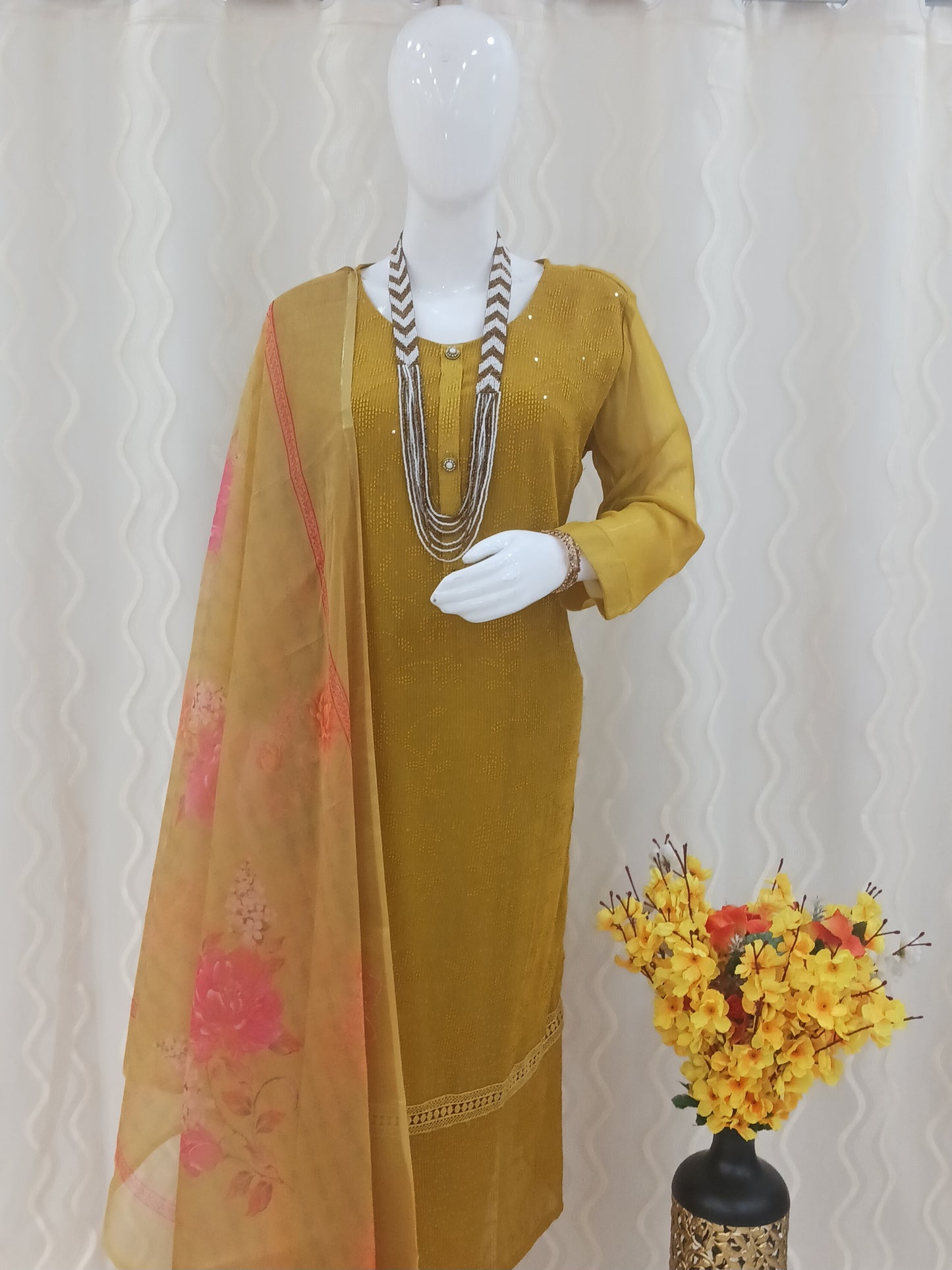 Straight Cut 3-Piece Suit with Work Dupatta and 3/4 Sleeves