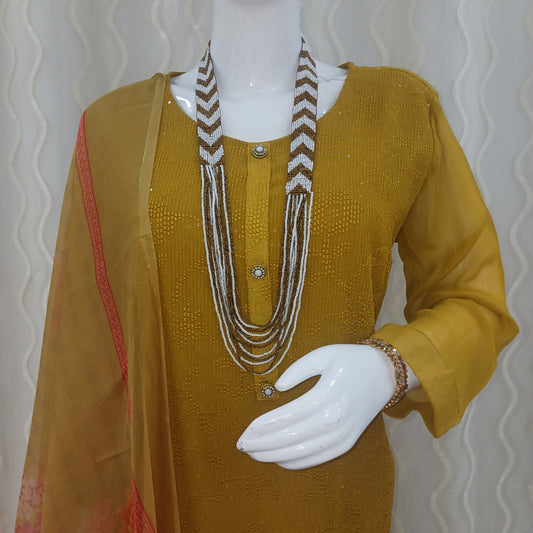 Straight Cut 3-Piece Suit with Work Dupatta and 3/4 Sleeves