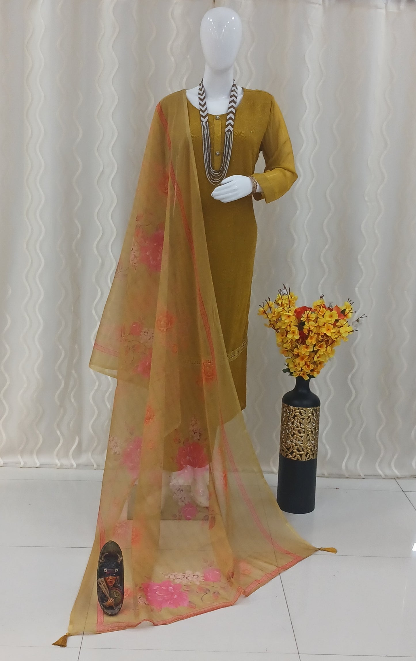 Straight Cut 3-Piece Suit with Work Dupatta and 3/4 Sleeves