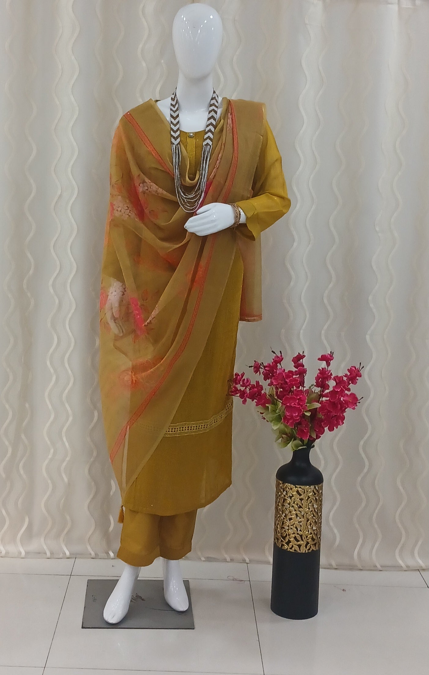 Straight Cut 3-Piece Suit with Work Dupatta and 3/4 Sleeves