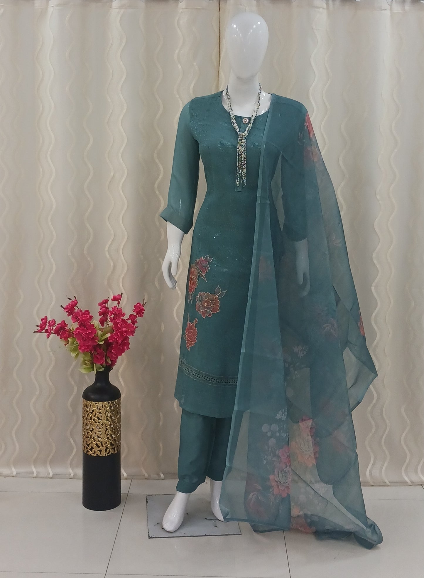Straight Cut 3-Piece Suit with Work Dupatta and 3/4 Sleeves