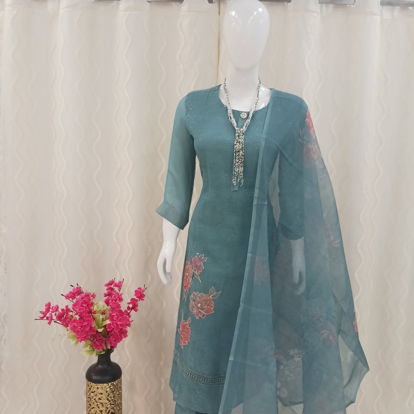 Straight Cut 3-Piece Suit with Work Dupatta and 3/4 Sleeves