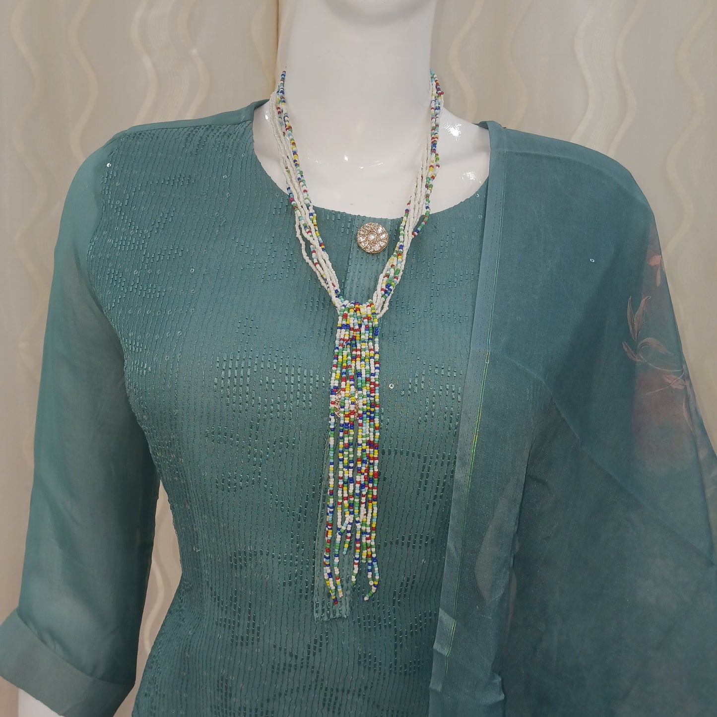Straight Cut 3-Piece Suit with Work Dupatta and 3/4 Sleeves