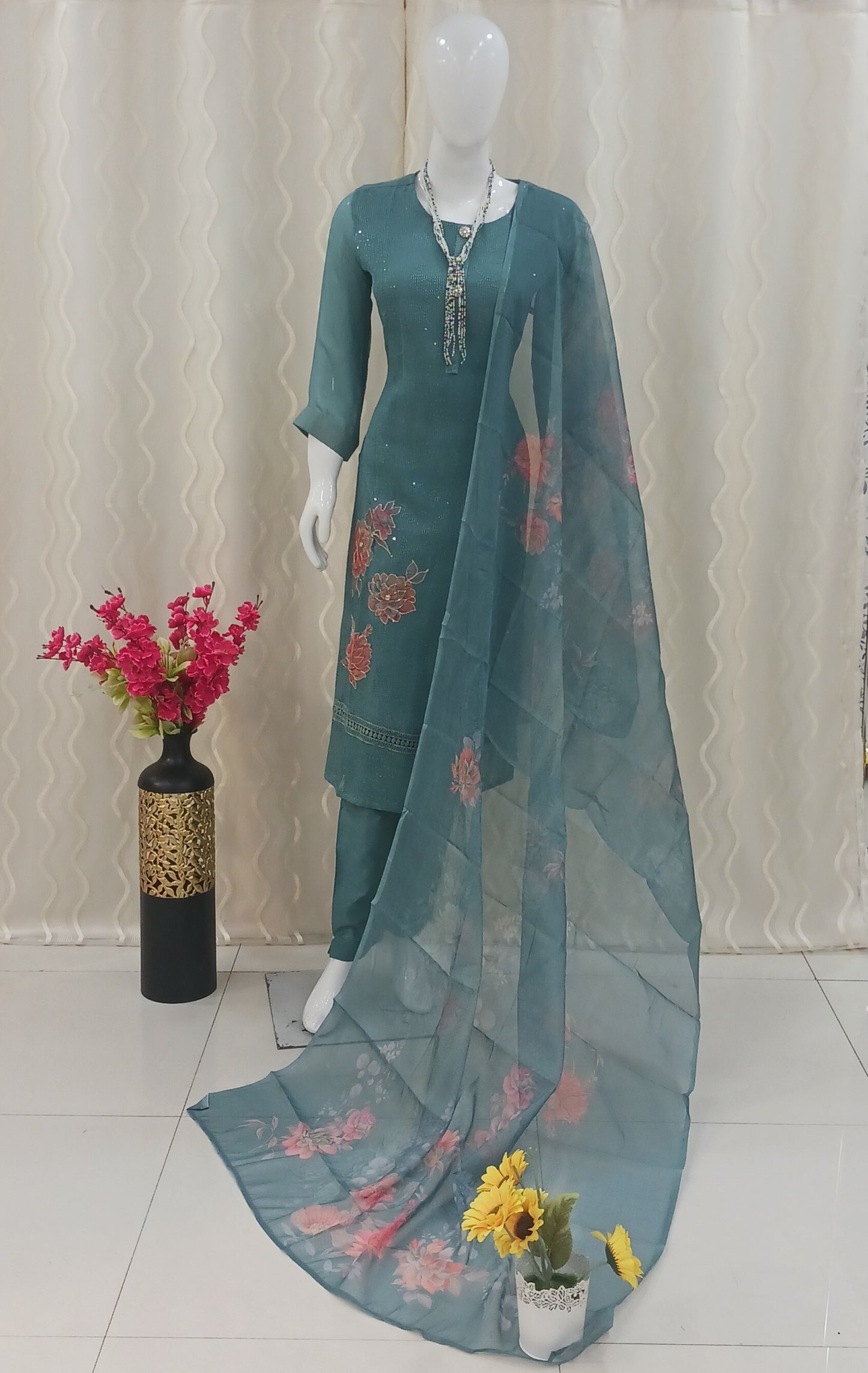 Straight Cut 3-Piece Suit with Work Dupatta and 3/4 Sleeves