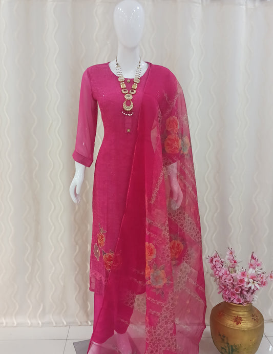 Straight Cut 3 - Piece Suit with Work Dupatta and With 3/4 Sleeves