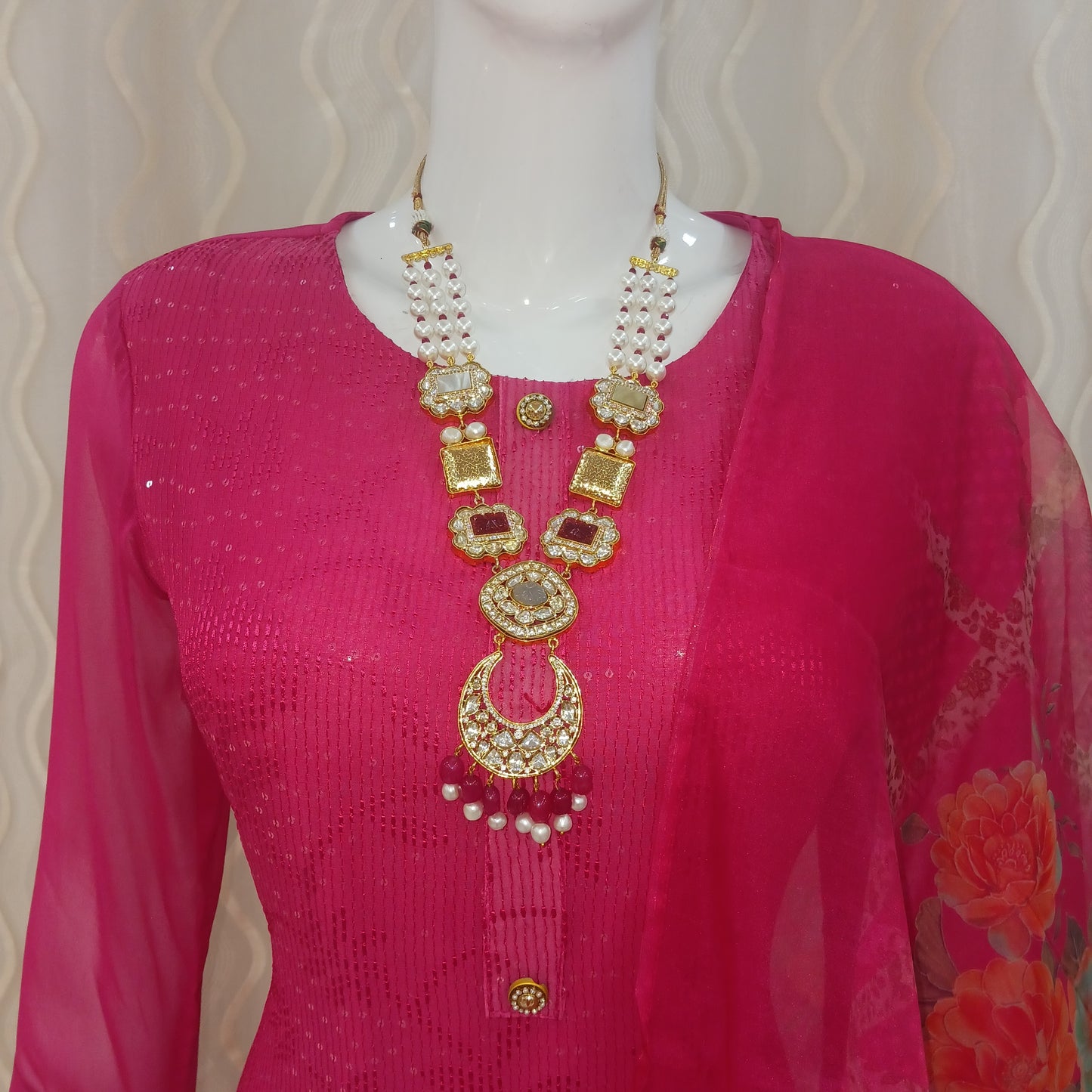 Straight Cut 3 - Piece Suit with Work Dupatta and With 3/4 Sleeves