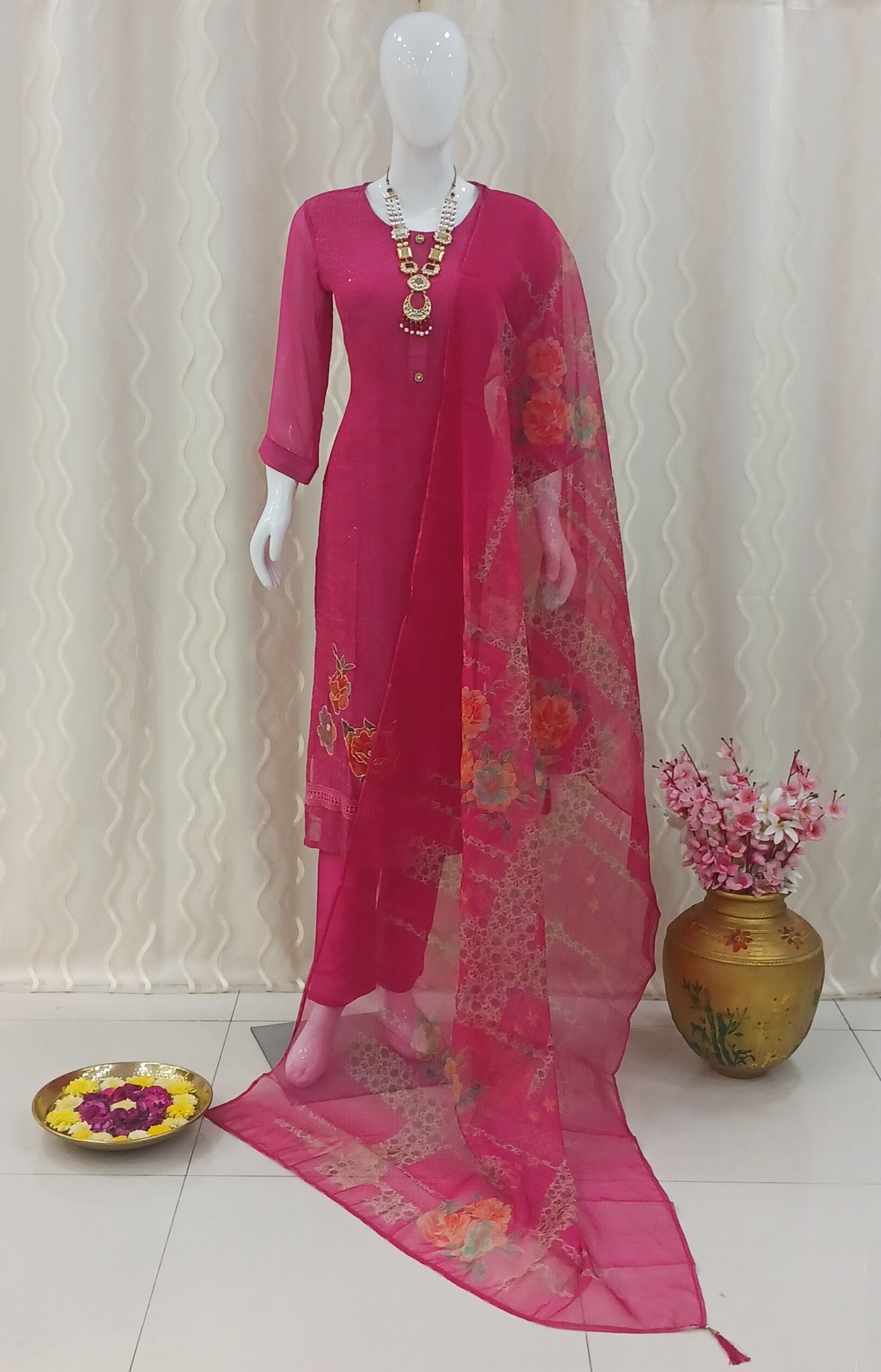 Straight Cut 3 - Piece Suit with Work Dupatta and With 3/4 Sleeves