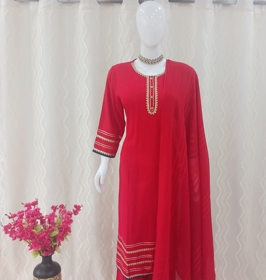 Straight Cut Palazo 3 - Piece Suit with Dupatta and 3/4 Sleeves