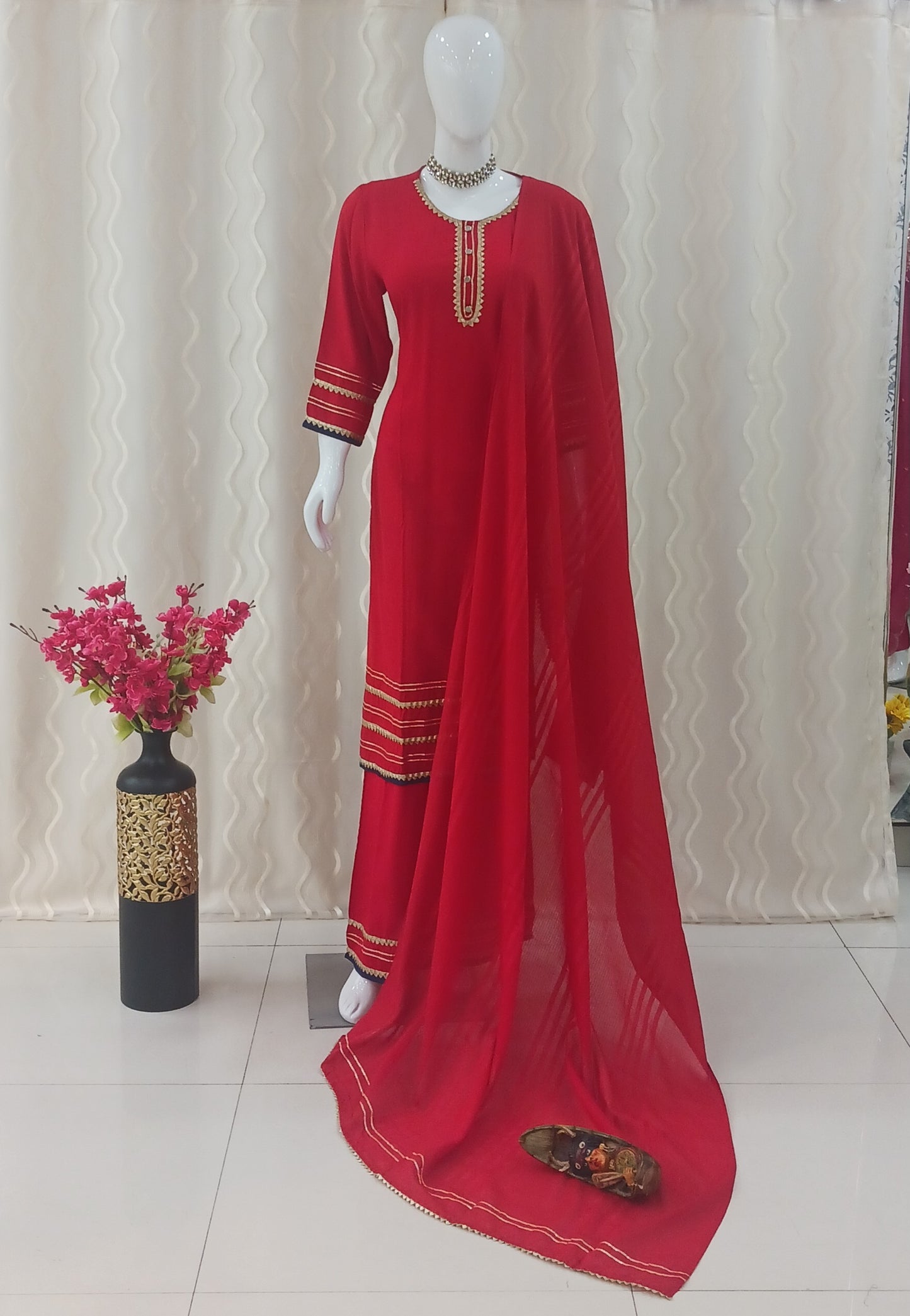 Straight Cut Palazo 3 - Piece Suit with Dupatta and 3/4 Sleeves