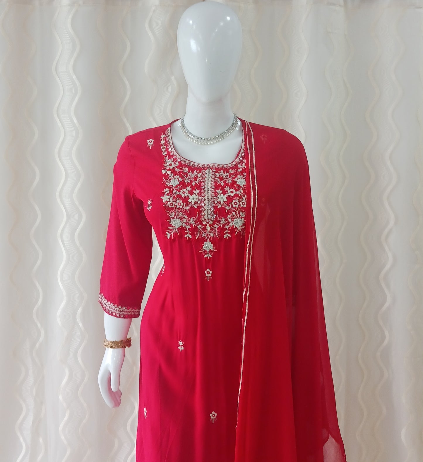 Red Straight Cut 3-Piece Suit with Work Dupatta and 3/4 Sleeves