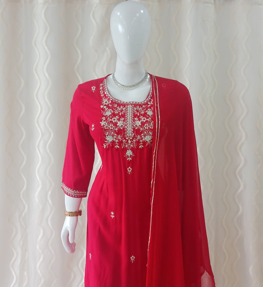 Red Straight Cut 3-Piece Suit with Work Dupatta and 3/4 Sleeves