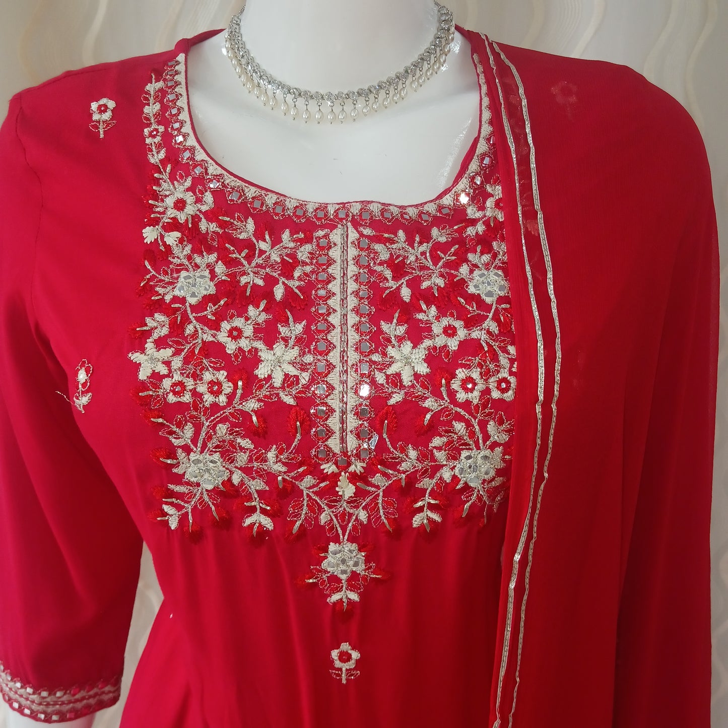 Red Straight Cut 3-Piece Suit with Work Dupatta and 3/4 Sleeves