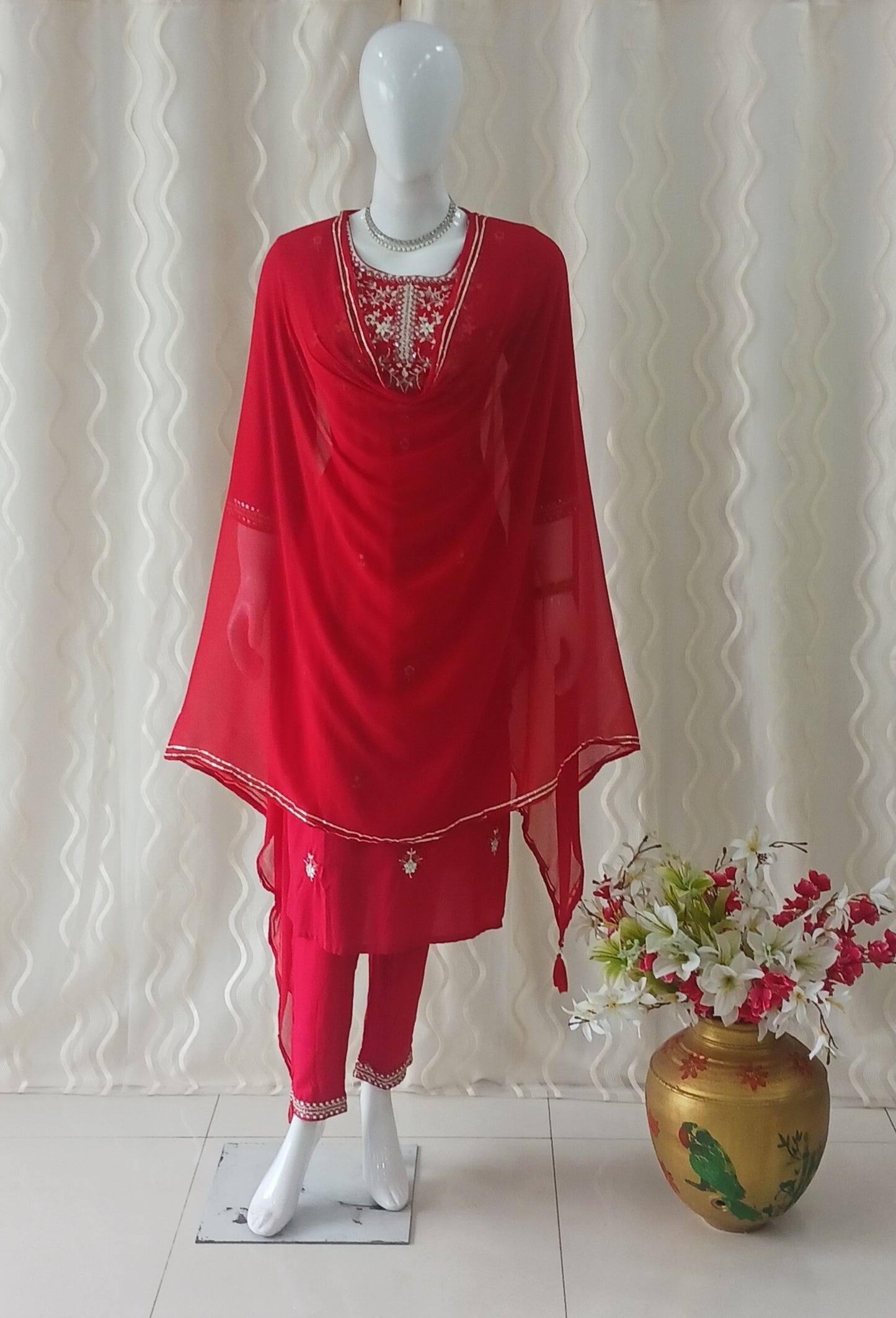 Red Straight Cut 3-Piece Suit with Work Dupatta and 3/4 Sleeves