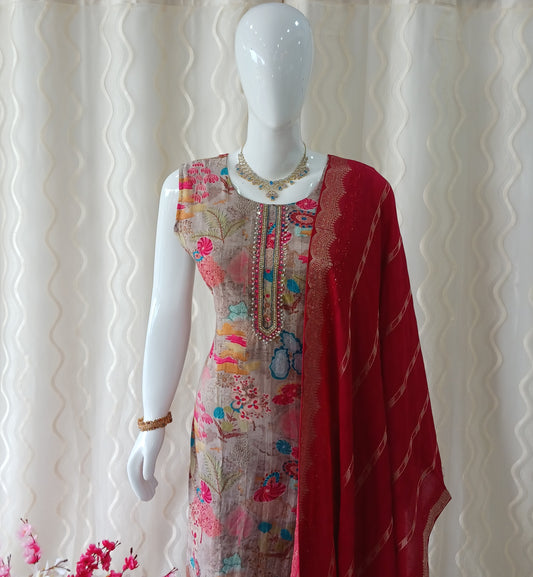 Pink Straight Cut 3-Piece Suit with Duppatta and Sleeveless with Attached Sleeves