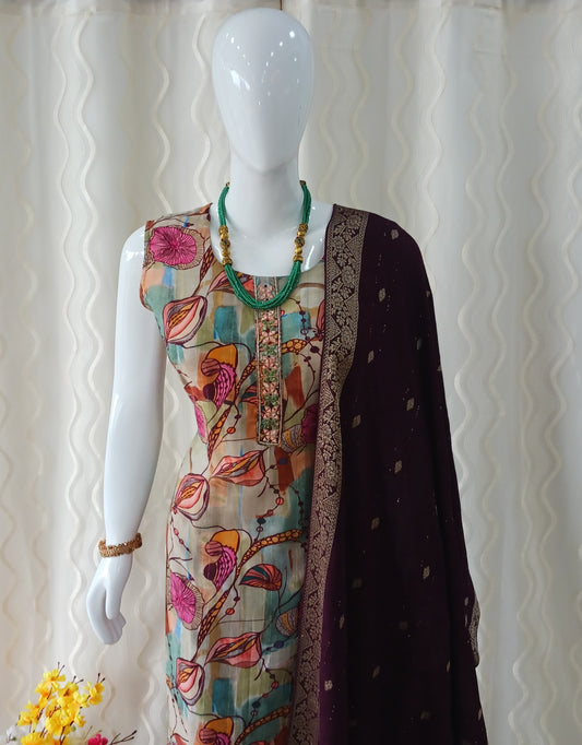 Maroon Straight Cut 3 - Piece Suit with Duppatta and Sleeveless with Attached Sleeves