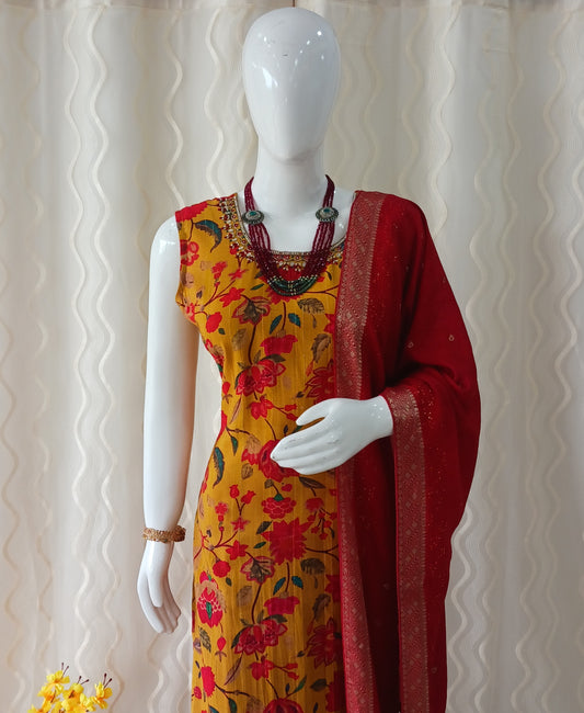 Yellow Straight Cut 3 - Piece Suit with Duppatta and Sleeveless with Attached Sleeves.