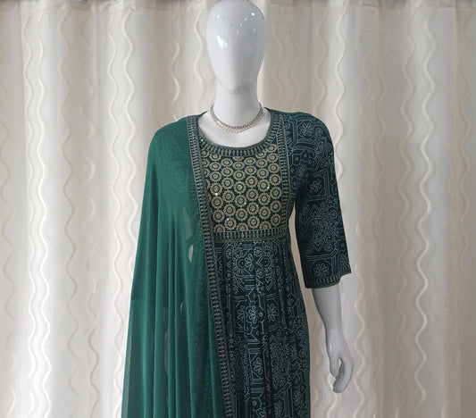 Dark Green Straight Cut 3 - Piece Suit with Dupatta and Sleeveless with Attached Sleeves