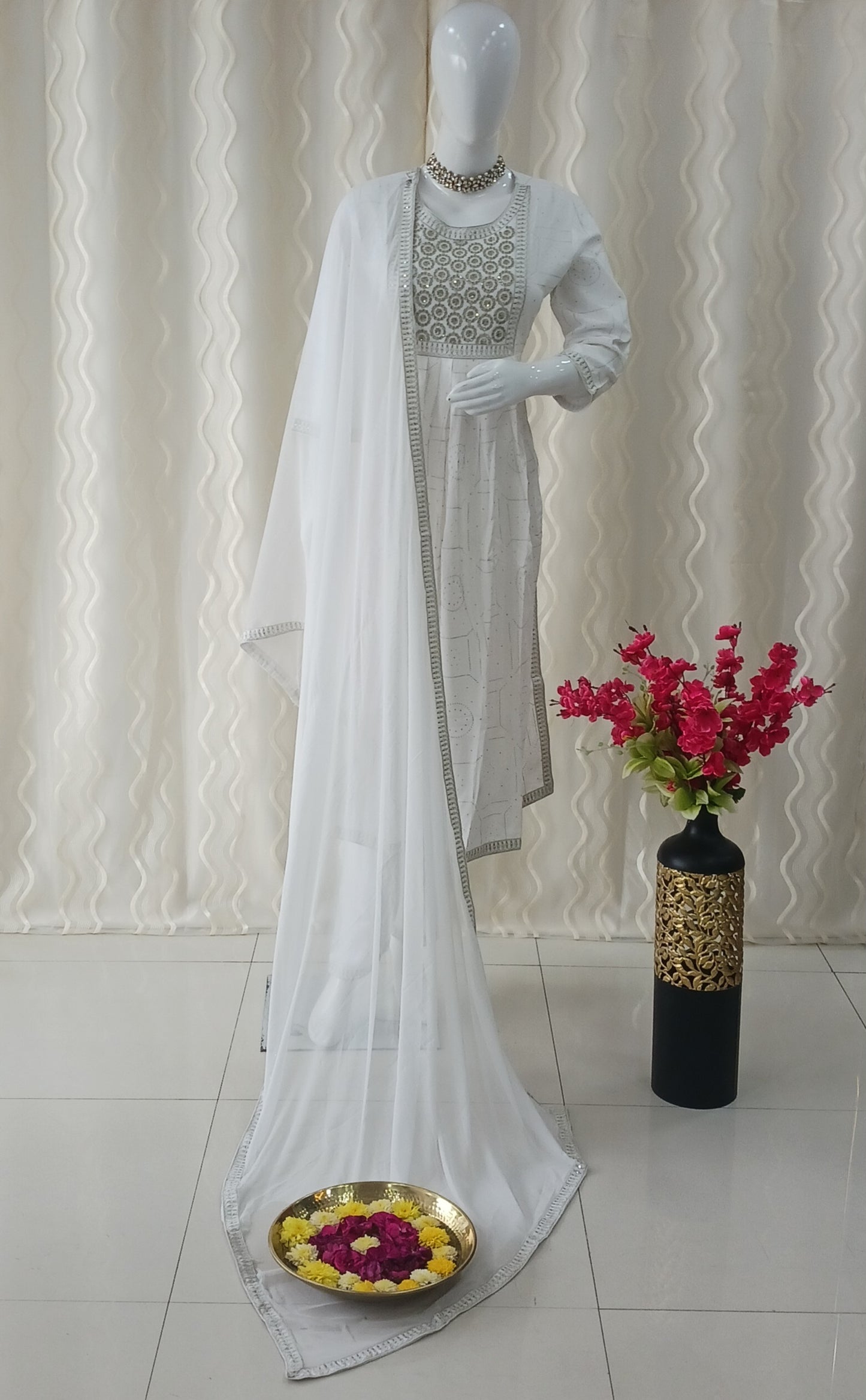 White Straight Cut 3 - Piece Suit with Dupatta and Sleeveless with Attached Sleeves